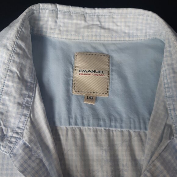 Emanuel Ungaro SZ L Light Blue & White Gingham Men's Button Up SS Shirt - Picture 6 of 12